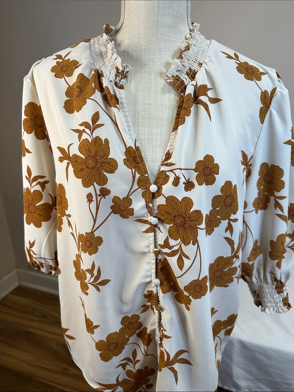 Sanctuary Cream Blouse with Brown Floral Print and Ruffle Neck